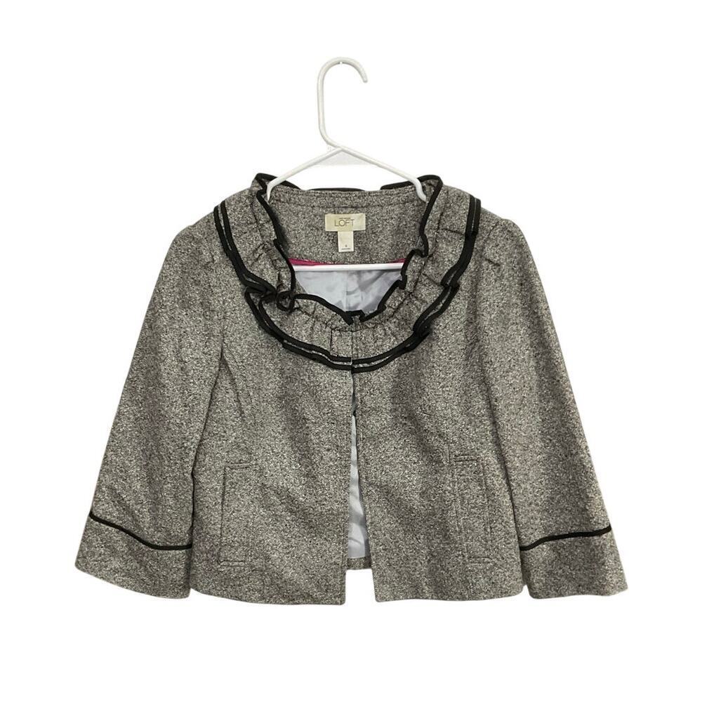 Ann Taylor LOFT Womens Gray Black Ruffle Trim Wool Blend Crop Jacket 6 Small